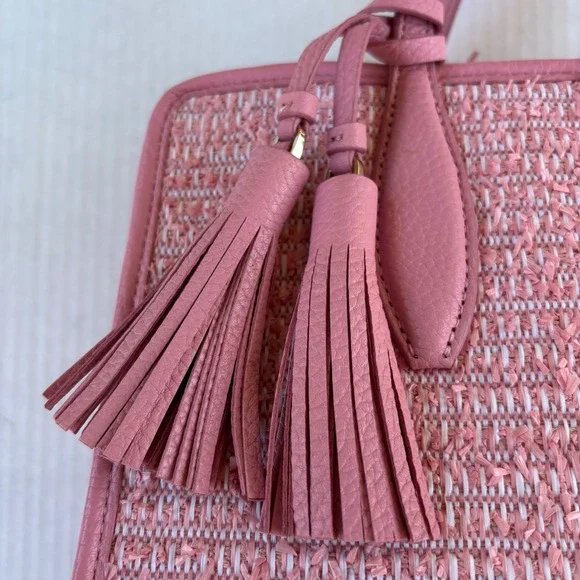 Kate Spade Rowe Summer Tweed Pink Raffia Leather Medium Satchel Bag NEW - Picture 5 of 16